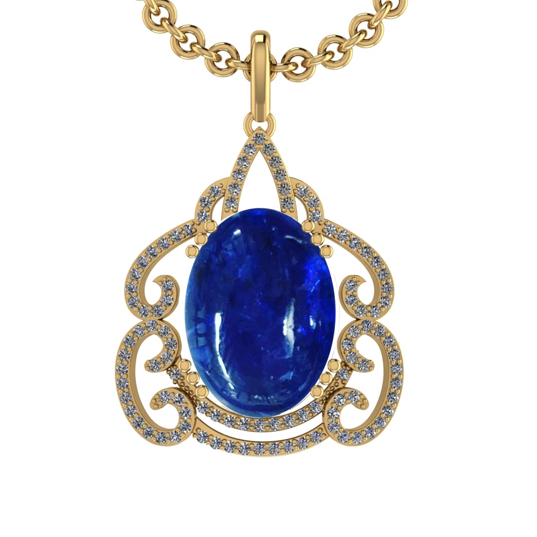 21.77 Ctw VS/SI1 Tanzanite and Diamond 14K Yellow Gold Pendant: Center Stone Weight : 20.97 Ctw ( Oval Cab) Center Stone Color :-Tanzanite Setting : Prong Side Weight Of Ctw 0.80 Ctw Color : J-K Clarity :VS/SI1 Stone Setting : Prong Metal Weight : Approx 6.80 gram