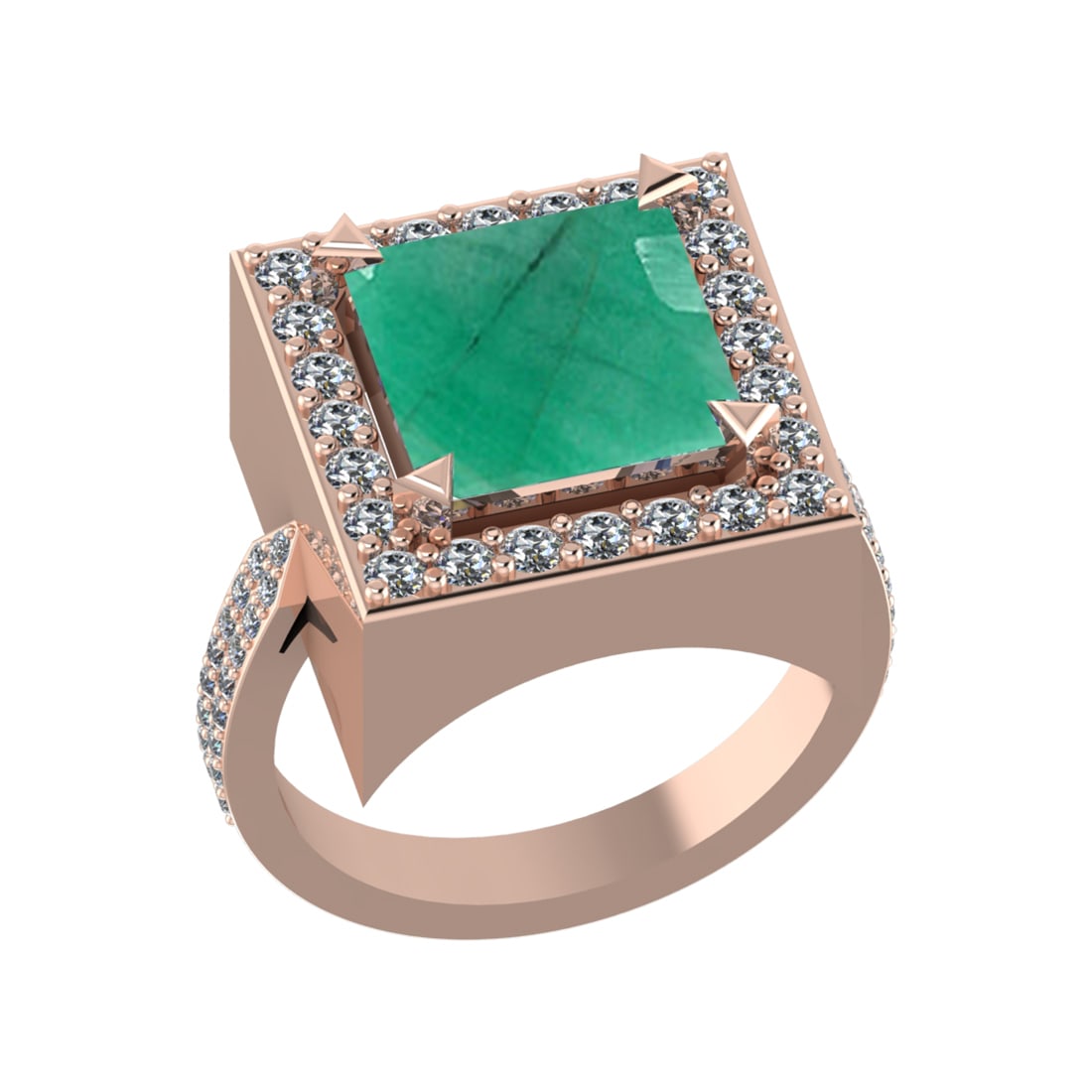 3.35 Ctw VS/SI1 Emerald and Diamond 14k Rose Gold Engagement Ring (ALL DIAM: Center Stone Weight :-2.50 Ctw ( Princess Cut) Center Stone Color :-Emerald Center Stone Setting : Prong Side Diamond Weight Of Ctw :- 0.85 Ctw Color : G-H Clarity : VS/SI1 Daimond Setting : Prong Met