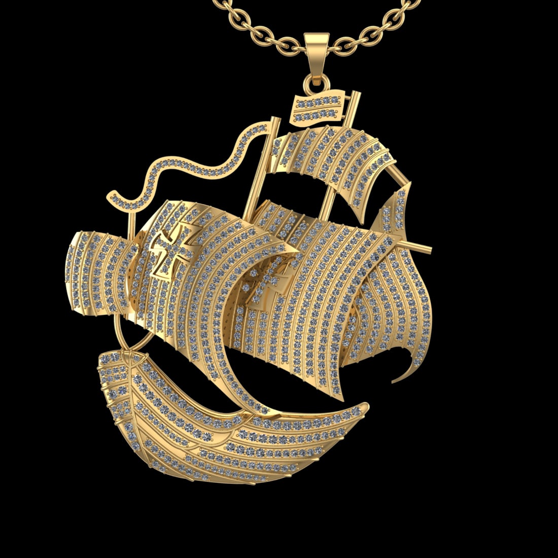 5.14 Ctw VS/SI1 Diamond Prong Set 18K Yellow Gold Ship Necklace (ALL DIAMON: Total Diamond Weight : 5.14 Ctw (Round cut) Center Diamond Color :- G-H Center Clarity : VS/SI1 Stone Setting : Prong Metal Weight : Approx 36.50 Gram 18K Yellow Gold Ship Necklace (ALL DIAMOND ARE LA