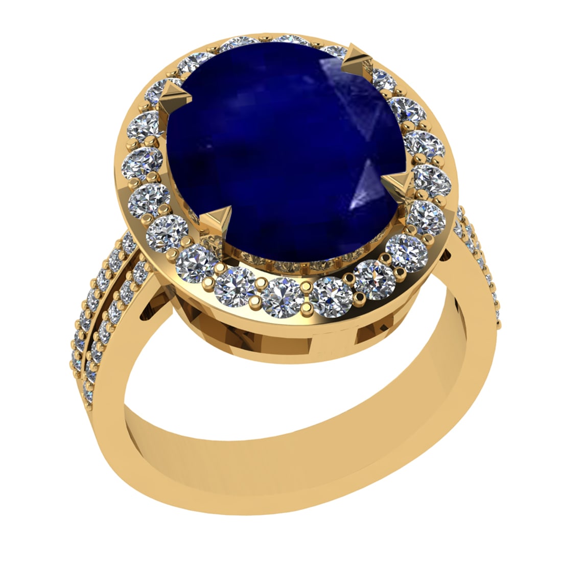 5.55 Ctw VS/SI1 Blue Sapphire And Diamond 14K Yellow Gold Engagement Ring: Center Stone Weight : 5.10 Ctw (Oval Cut ) Center Stone Color : Blue Sapphire Stone Setting : Prong Side Diamond Weight Of Ctw 0.45 Ctw Side Stone Color : G-H Stone Clarity : VS/SI1 Stone Setting : Pr