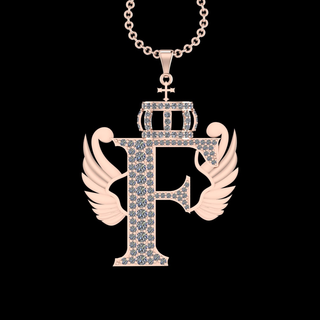 3.86 Ctw VS/SI1 Diamond Prong Set 18K Rose Gold Letter theme ( F) Necklace: Total Diamond Weight : 3.86 Ctw (Round cut) Center Diamond Color :- G-H Center Clarity : VS/SI1 Stone Setting : Prong Metal Weight : Approx 11.90 Gram 18K Rose Gold Letter theme ( F) Necklace (ALL DIA