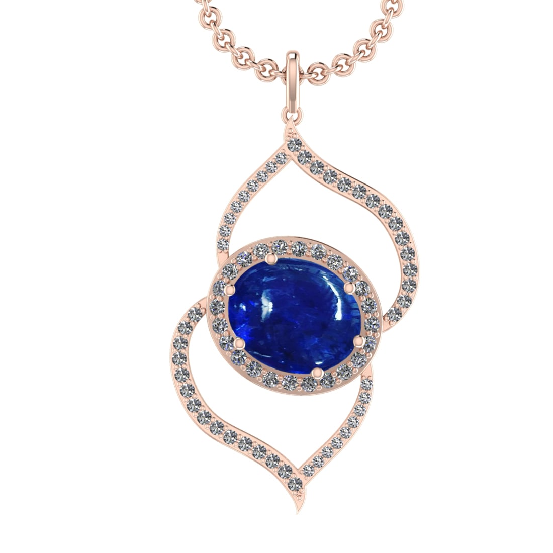 21.73 Ctw VS/SI1 Tanzanite and Diamond 14K Rose Gold Pendant: Center Stone Weight : 19.06 Ctw ( Oval Cab) Center Stone Color :-Tanzanite Setting : Prong Side Weight Of Ctw 2.67 Ctw Color : J-K Clarity :VS/SI1 Stone Setting : Prong Metal Weight : Approx 11.80 gra