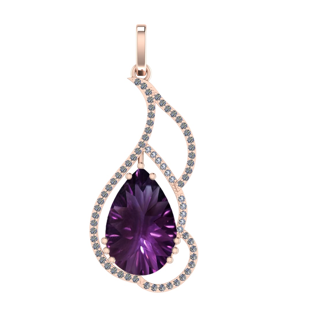 68.07 Ctw SI2/SI1 Amethyst and Diamond Prong Set 14k Rose Gold Pendant (ALL: Center Stone Weight :-65.66 Ctw ( Pear Cut) Center Stone Color :-Amethyst Center Stone Setting : Prong Side Diamond Weight Of Ctw 2.41 Ctw Color : F-G Clarity : SI2/SI1 Stone Setting : Prong Metal Wei
