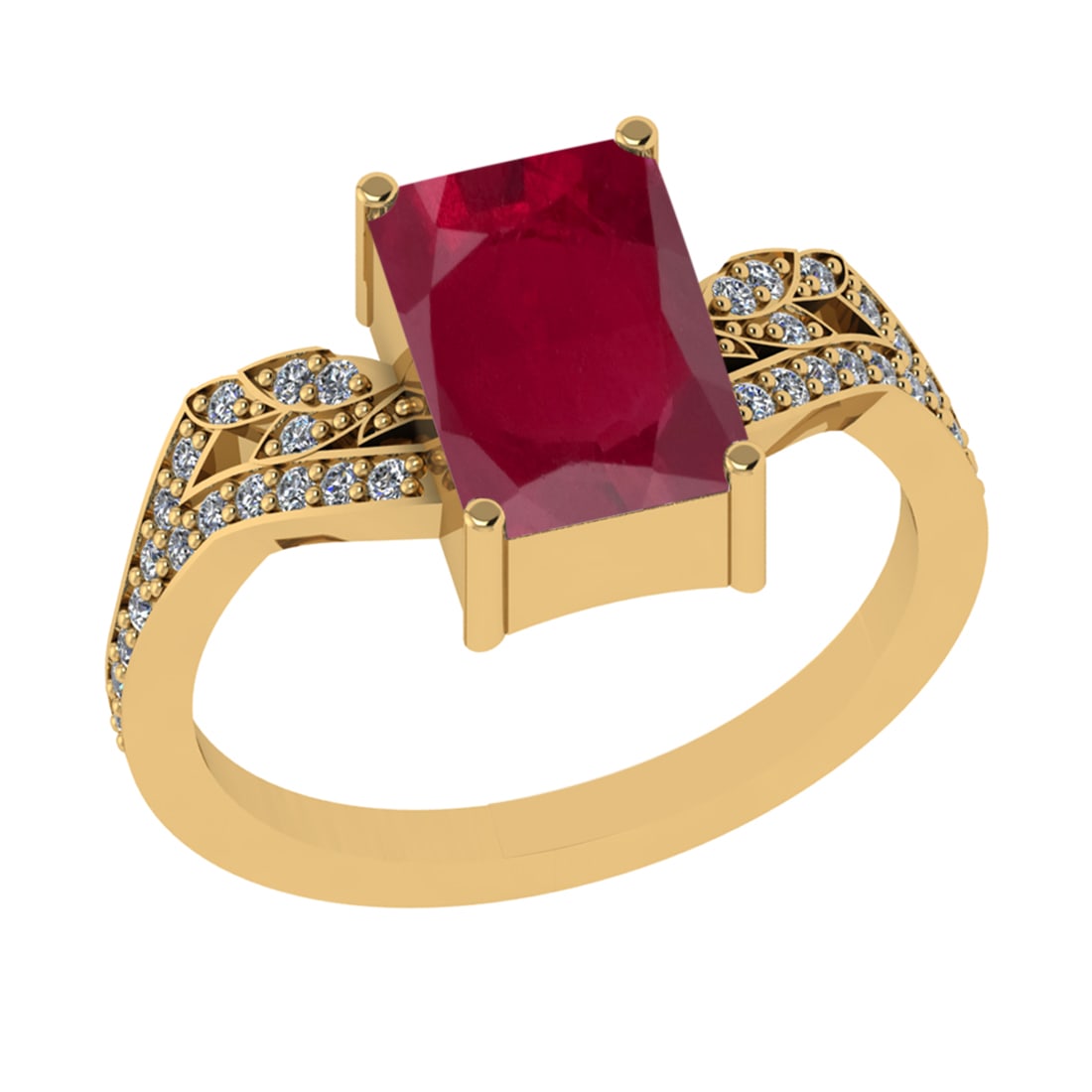 2.77 Ctw VS/SI1 Ruby and Diamond 14k Yellow Gold Engagement Ring (ALL DIAMO: Center Stone Weight :-2.50 Ctw ( Emerald Cut) Center Stone Color :-Ruby Center Stone Setting : Prong Side Diamond Weight Of Ctw :- 0.27 Ctw Color : J-K Clarity : VS/SI1 Daimond Setting : Prong Metal W