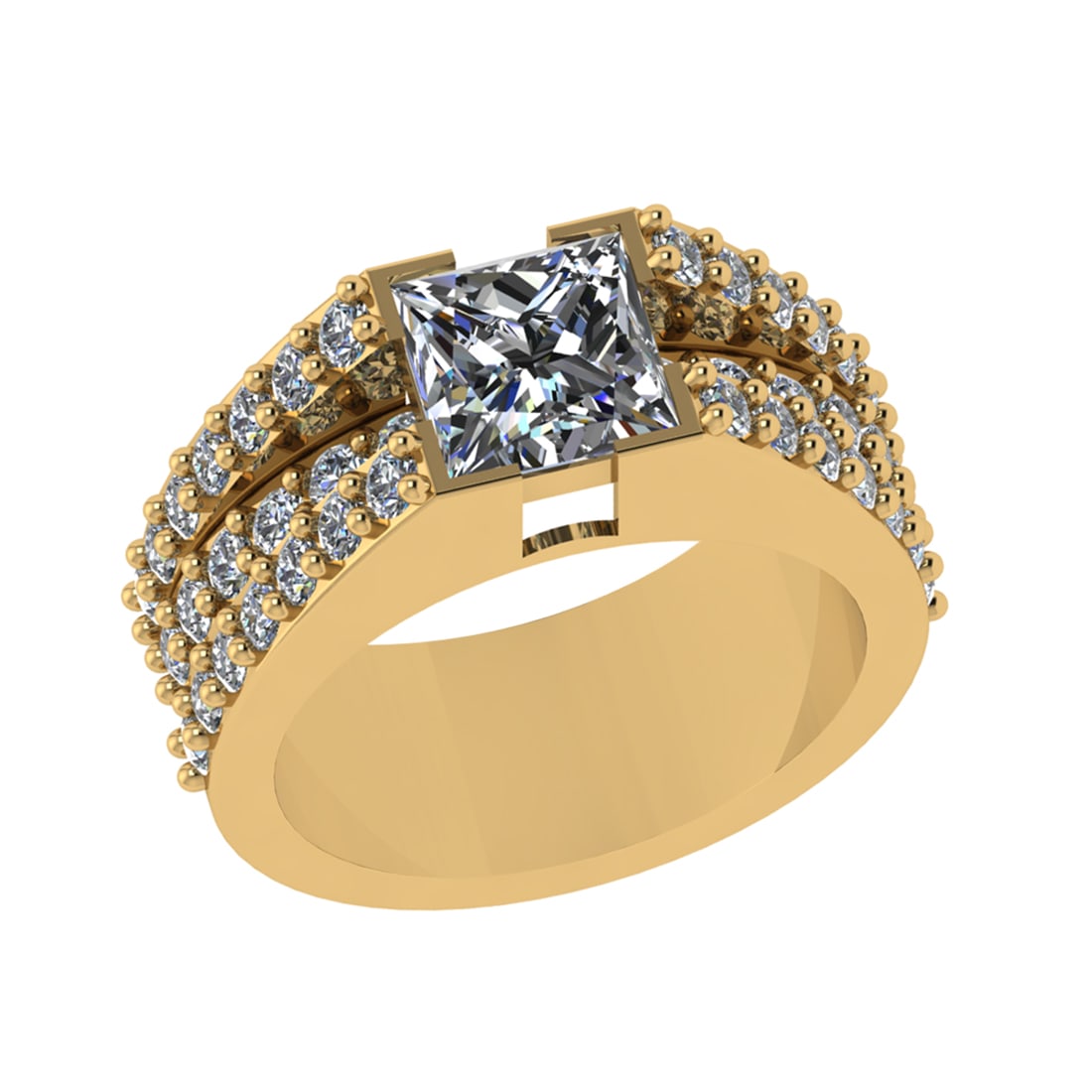 2.90 Ctw SI1/SI2 Diamond 14k Yellow Gold Engagement Ring (ALL DIAMOND ARE L: Center Daimond Weight :-1.50 Ctw (Princess Cut) Color : G-H Clarity : SI1/SI2 Side Diamond Weight Of Ctw 1.40 Ctw Color : G-H Clarity : SI1/SI2 Daimond Setting : Prong Metal Weight : Approx 4.33 gram 