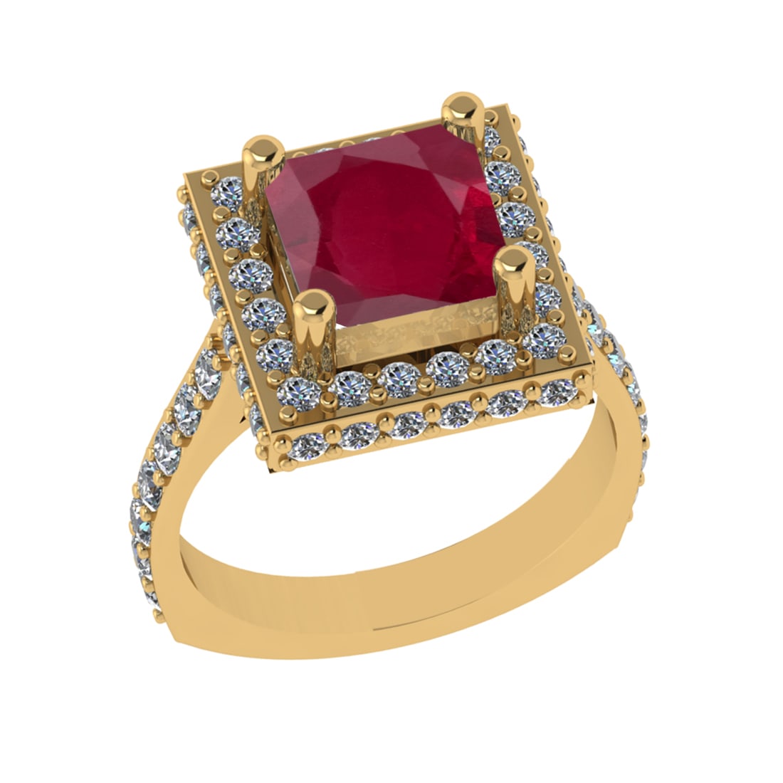 3.21 Ctw VS/SI1 Ruby And Diamond 14k Yellow Gold Engagement Ring (ALL DIAMO: Center Stone Weight : 1.80 Ctw ( Cushion Cut ) Center Stone Color : Ruby Stone Setting : Prong Side Diamond Weight Of Ctw 1.41 Ctw Side Stone Color : G-H Stone Clarity : VS/SI1 Stone Setting : Prong M