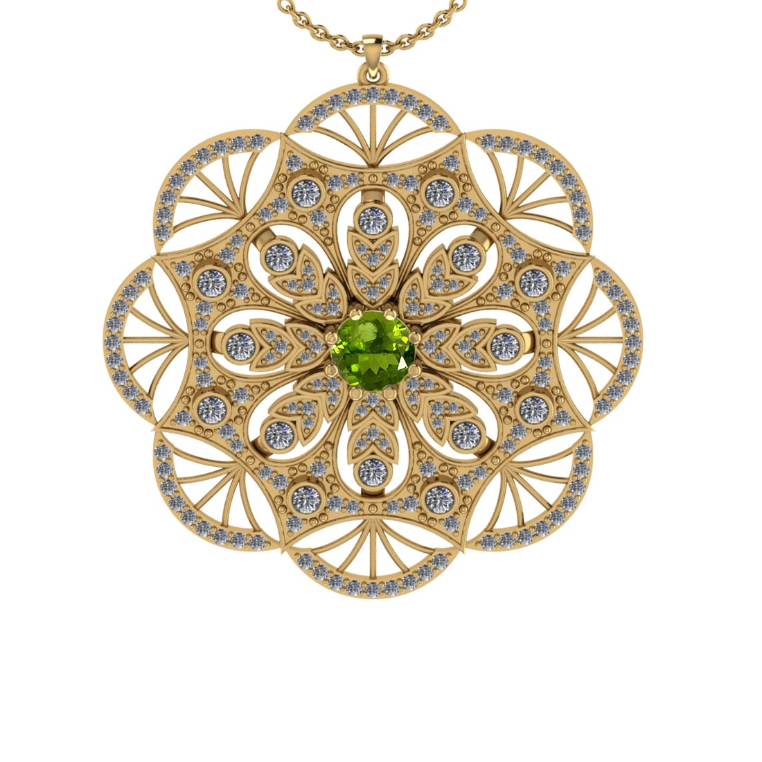 2.47 Ctw VS/SI1 Peridot and Diamond Set 10K Yellow Gold Pendant (ALL DIAMON: Center Stone Weight :-0.84 Ctw ( Round Cut) Center Stone Color :-Peridot Center Stone Setting : Prong Side Diamond Weight Of Ctw 1.63 Ctw Color : J-K Clarity : VS/SI1 Daimond Setting : Prong Metal Wei