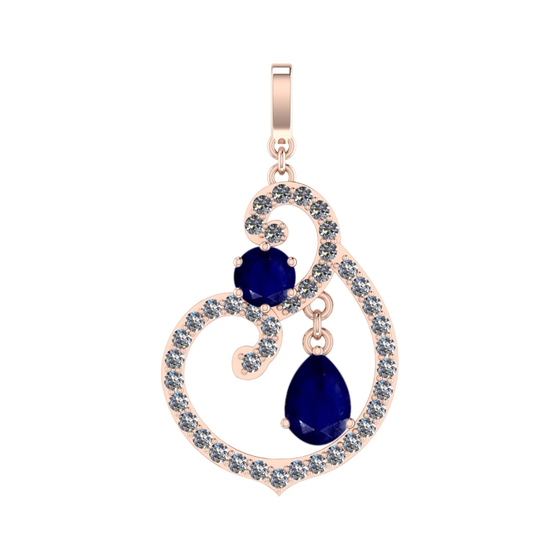 4.35 Ctw VS/SI1 Blue Sapphire and Diamond Prong Set 14k Rose Gold Pendant (: Center Stone Weight :-2.84 Ctw ( Pear & Round Cut ) Center Stone Color :-Blue Sapphire Center Stone Setting : Prong Side Diamond Weight Of Ctw :- 1.51 Ctw Color : J-K Clarity : VS/SI1 Daimond Setting 