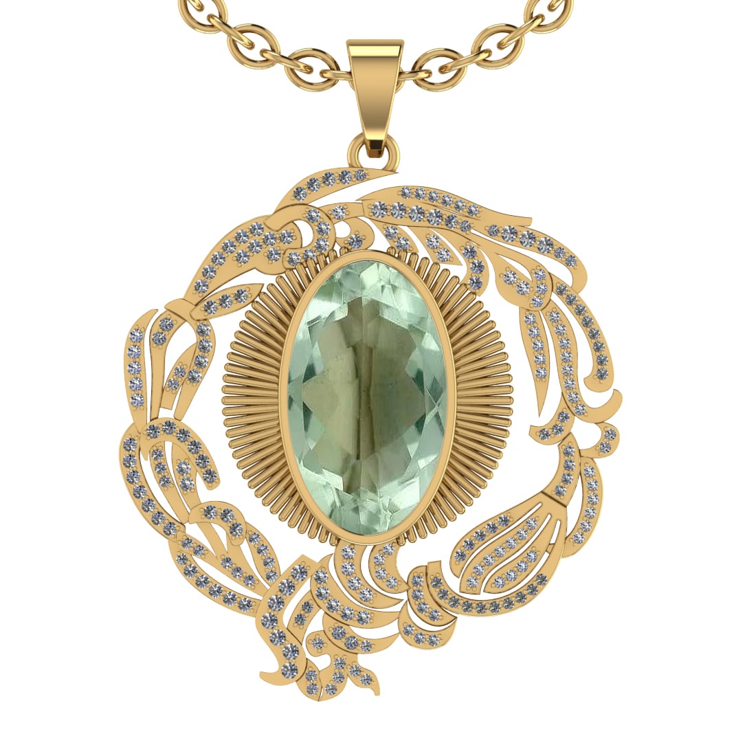 22.03 Ctw I2/I3 Green Amethyst And Diamond 10K Yellow Gold Necklace(ALL DIA: Center Stone Weight : 20.68 Ctw ( Oval Cut ) Center Stone Color : Green Amethyst Stone Setting : Prong Side Diamond Weight Of Ctw 1.35 Ctw Side Stone Color : J-K Stone Clarity : I2/I3 Stone Setting : 