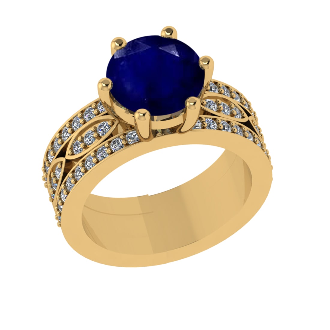 3.47 Ctw VS/SI1 Blue Sapphire and Diamond 14k Yellow Gold Engagement Ring (: Center Stone Weight :-2.75 Ctw ( Round Cut) Center Stone Color :-Blue Sapphire Center Stone Setting : Prong Side Diamond Weight Of Ctw 0.72 Ctw Color : G-H Clarity : VS/SI1 Daimond Setting : Prong Met
