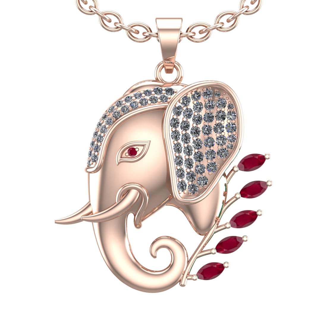 1.99 Ctw VS/SI1 Ruby and Diamond 14k Rose Gold Animal theme Elephant Pendan: Center Stone Weight :-0.75 Ctw ( Marquise & Round Cut) Center Stone Color :-Ruby Center Stone Setting : Prong Side Diamond Weight Of Ctw :- 1.24 Ctw Color : J-K Clarity : VS/SI1 Daimond Setting : Pron