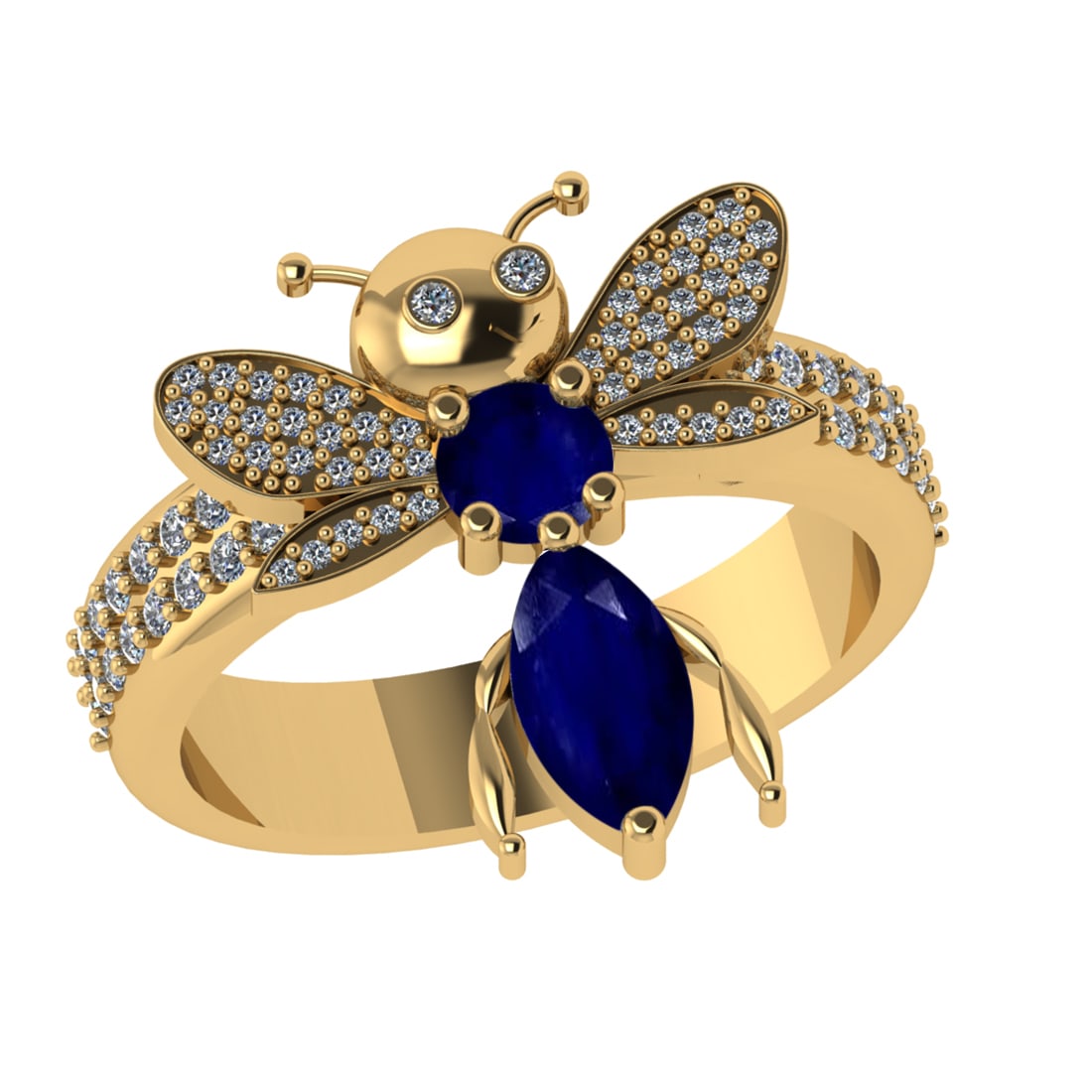 1.31 Ctw VS/SI1 Blue Sapphire and Diamond 14k Yellow Gold Bees theme Ring (: Center Stone Weight :-0.75 Ctw ( Marquise & Round Cut) Center Stone Color :-Blue Sapphire Center Stone Setting : Prong Side Diamond Weight Of Ctw :- 0.38 Ctw Color : J-K Clarity : VS/SI1 Daimond Setti