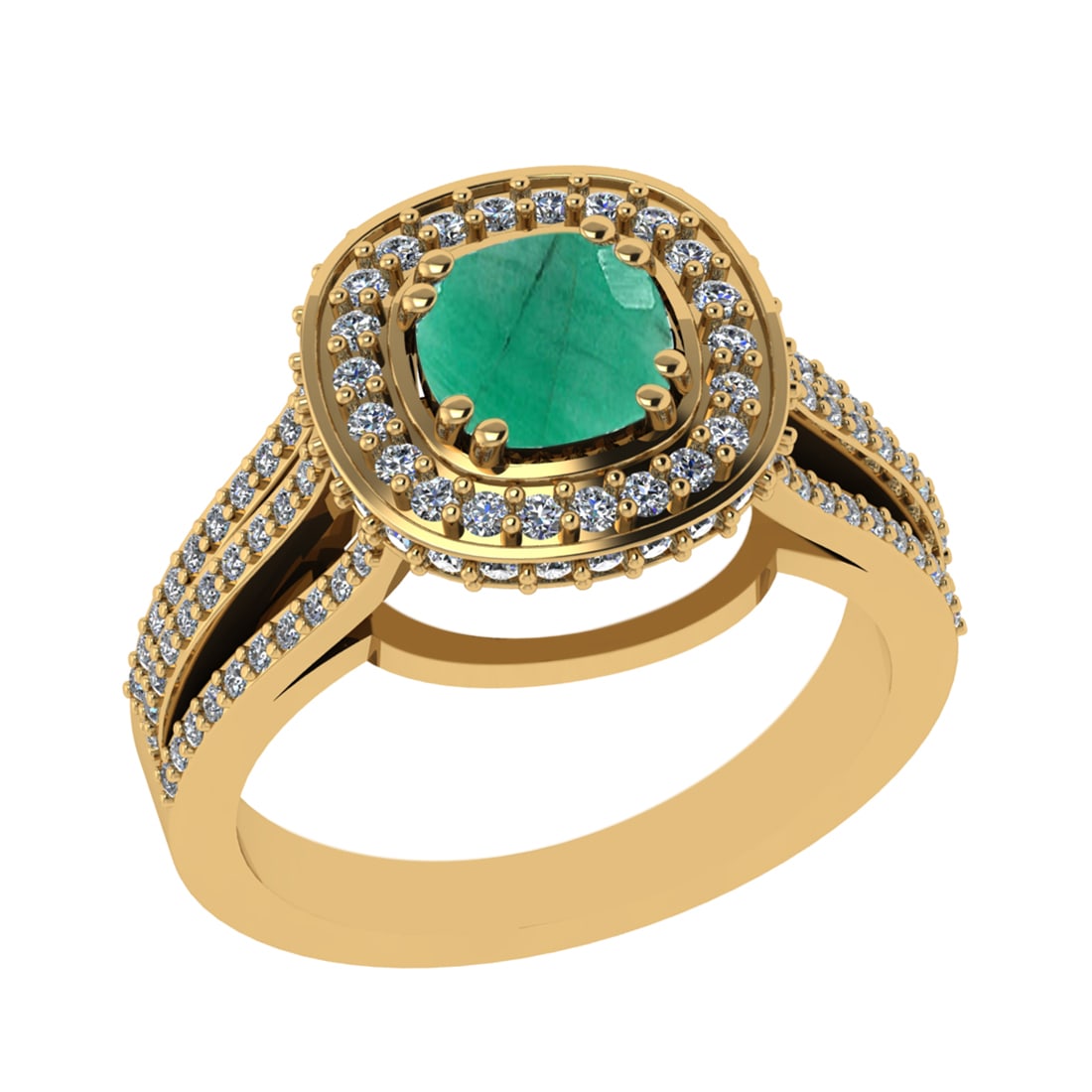 1.81 Ctw VS/SI1 Emerald and Diamond 14k Yellow Gold Engagement Halo Ring (L: Center Stone Weight :- 1.00 Ctw ( Cushion Cut) Color :- Emerald Center Stone Setting : Prong Side Diamond Weight Of Ctw 0.81 Ctw Color : G-H Clarity : VS/SI1 Stone Setting : Prong Metal Weight : Appro
