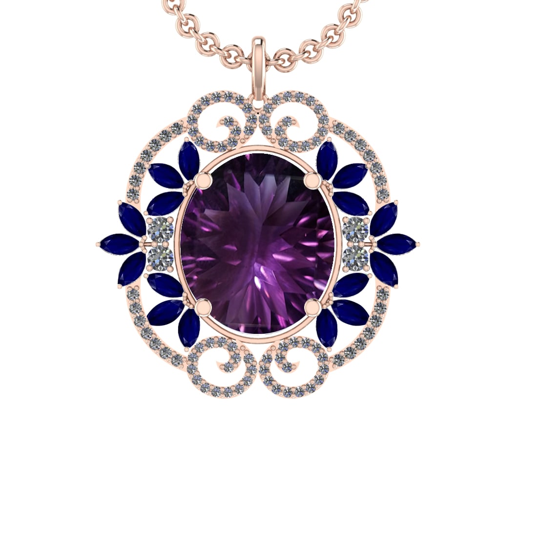 40.84 Ctw VS/SI1 Amethyst,Blue Sapphire and Diamond 14K Rose Gold Pendant: Center Stone Weight : 38.36 Ctw ( Oval & Marquise Cut) Center Stone Color :-Amethyst,Blue Sapphire Setting : Prong Side Weight Of Ctw 2.48 Ctw Color : J-K Clarity : VS/SI1 Stone Setting : Prong Metal 