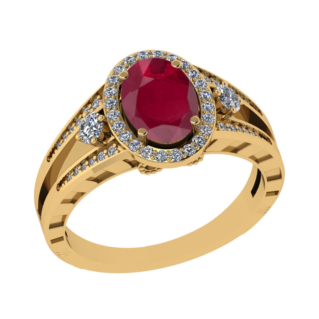 1.61 Ctw VS/SI1 Ruby and Diamond 14k Yellow Gold Engagement Halo Ring (LAB: Center Stone Weight :- 1.25 Ctw ( Oval Cut) Color :- Ruby Center Stone Setting : Prong Side Diamond Weight Of Ctw 0.36 Ctw Color : G-H Clarity : VS/SI1 Stone Setting : Prong Metal Weight : Approx 4.50