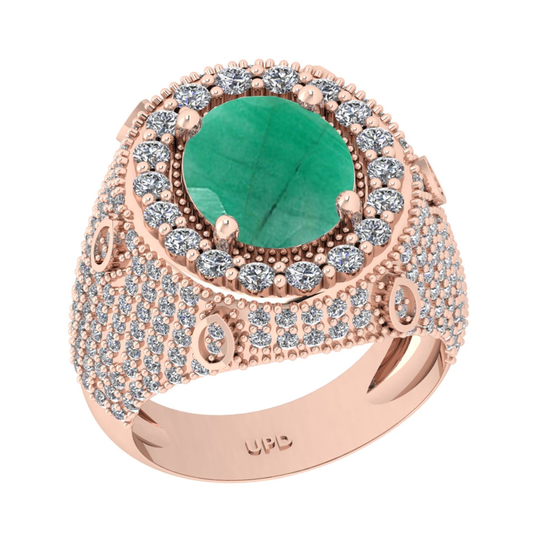 7.00 Ctw VS/SI1 Emerald And Diamond 14K Rose Gold Engagement Ring: Center Stone Weight : 5.10 Ctw ( Oval Cut ) Center Stone Color : Emerald Stone Setting : Prong Side Diamond Weight Of Ctw1.90 Ctw Side Stone Color : G-H Stone Clarity : VS/SI1 Stone Setting : Prong