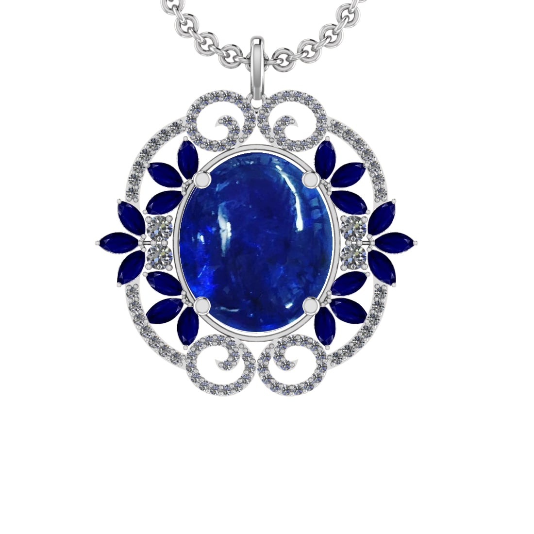 40.84 Ctw VS/SI1 Tanzanite,Blue Sapphire and Diamond 14K White Gold Pendant: Center Stone Weight : 38.36 Ctw ( Oval cab & Marquise Cut) Center Stone Color :-Tanzanite,Blue Sapphire Setting : Prong Side Weight Of Ctw 2.48 Ctw Color : J-K Clarity :VS/SI1 Stone Setting : Prong Me