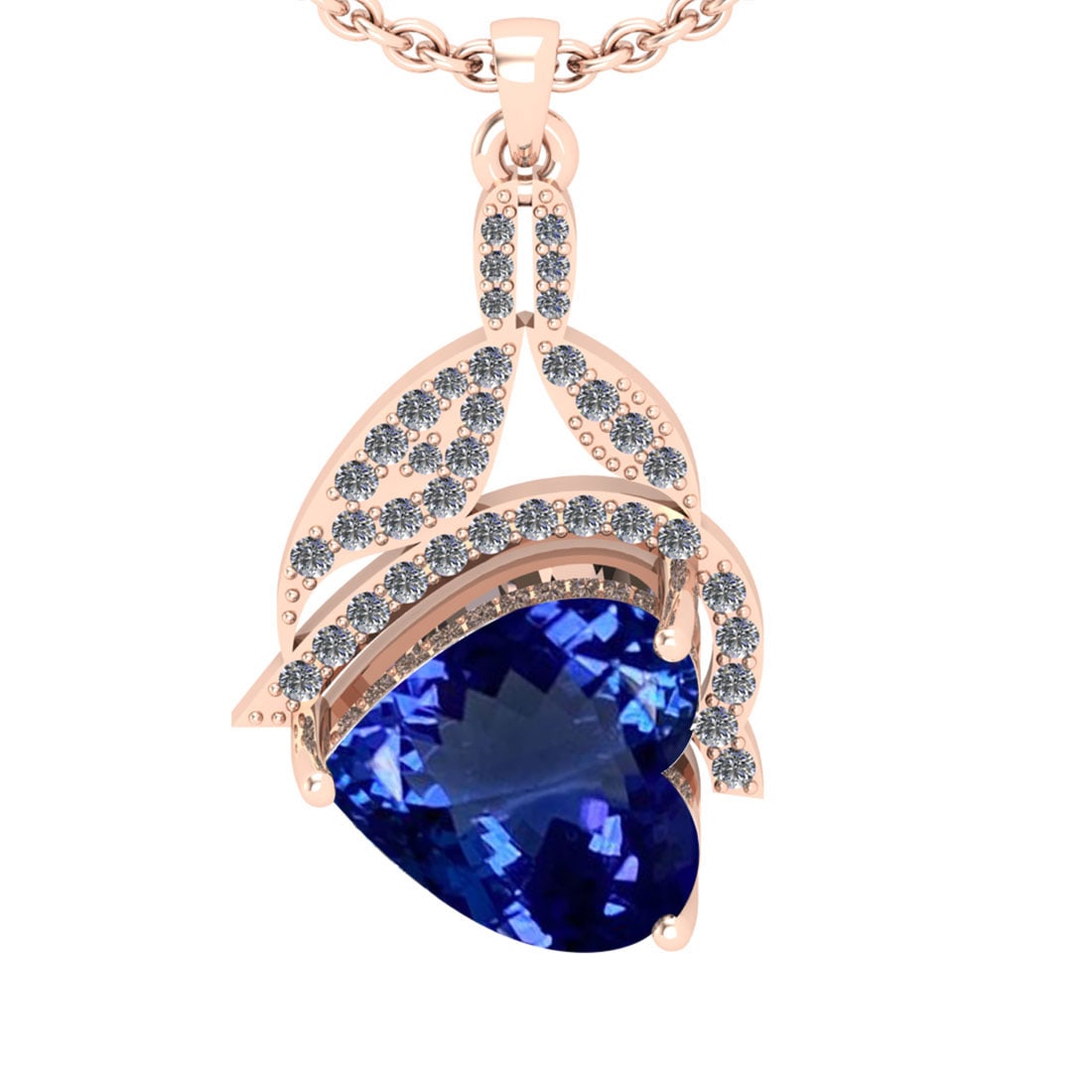 5.60 Ctw VS/SI1 Tanzanite And Diamond 18k Rose Gold Necklace(ALL DIAMOND AR: Center Stone Weight : 5.28 Ctw (Heart Cut ) Center Stone Color : Tanzanite Stone Setting : Prong Side Stone Weight Of Ctw 0.32 Ctw Side Stone Color : J-K Stone Clarity : VS/SI1 Stone Setting : Prong