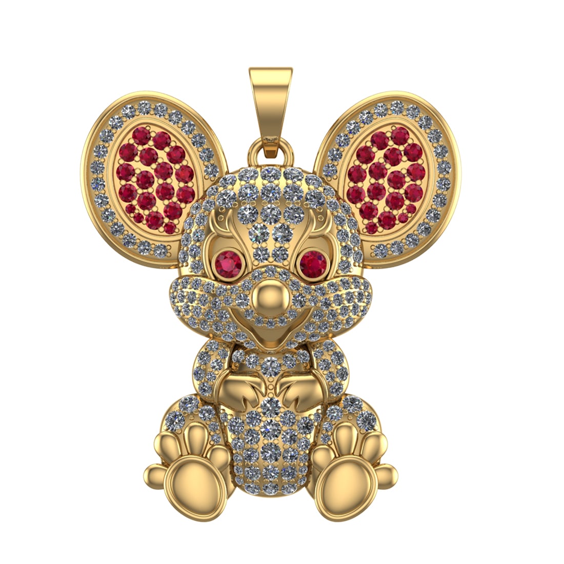 3.46 Ctw SI2/SI1 Diamond Prong Set 14k Yellow Gold Teddy Bear Theme Pendant: Color Stone Weight :- 0.82 ctw stone color :-Ruby setting :- Prong Total Daimond Weight :-2.64 Ctw Color : G-H Clarity : SI2/SI1 Setting : Prong Metal Weight : Approx 22.52 Gram 14k Yellow Gold Teddy 