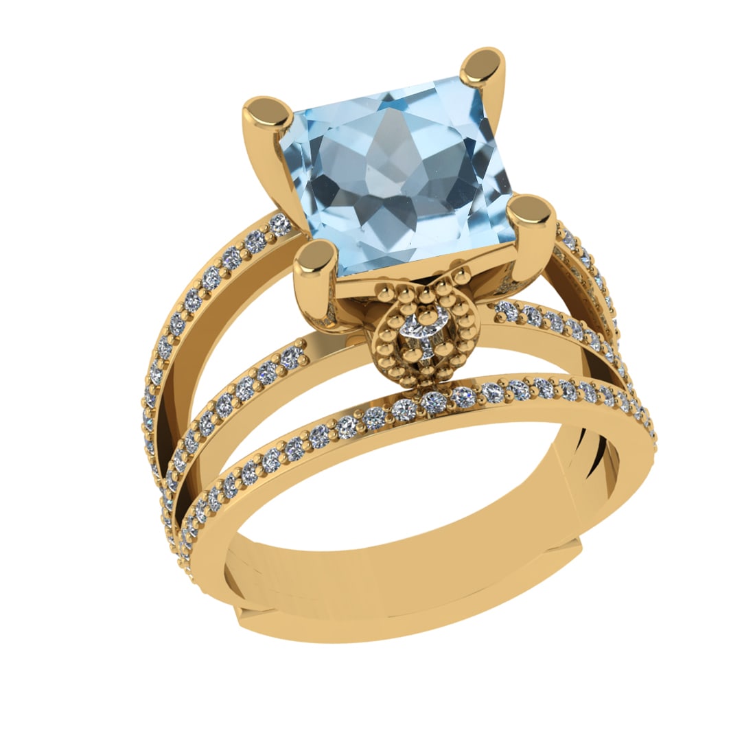 2.70 Ctw VS/SI1 Blue Topaz And Diamond 14K Yellow Gold Engagement Ring( ALL: Center Stone Weight : 2.00 Ctw ( Princess Cut ) Center Stone Color : Blue Topaz Stone Setting : Prong Side Diamond Weight Of Ctw 0.70 Ctw Side Stone Color : J-K Stone Clarity : VS/SI1 Stone Setting : 