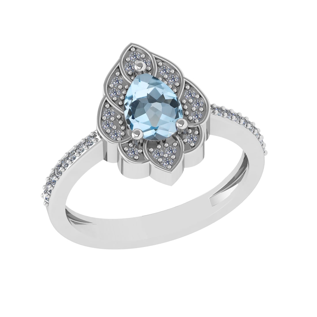 0.94 Ctw VS/SI1 Blue Topaz and Diamond Set 10K white Gold Engagaement Ring: Center Stone Weight :-0.75 Ctw ( Pear Cut) Center Stone Color :-Blue Topaz Center Stone Setting : Prong Side Diamond Weight Of Ctw 0.19 Ctw Color : J-K Clarity : VS/SI1 Daimond Setting : Prong Metal