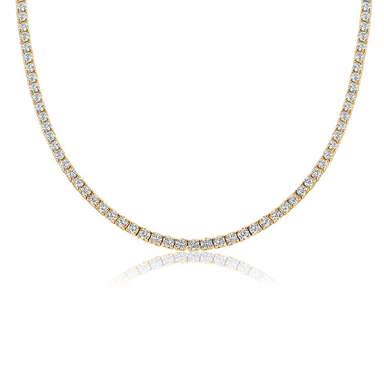 13.4 ctw 14k Yellow Gold 17 inch Basket 4 Prong Tennis Necklace: Shape: Round ;Metal Type: 14k Yellow Gold ;Style: 17 inch Basket 4 Prong ;Color: F-G ;Clarity: SI (ALL DIAMOND ARE LAB GROWN ) ;Total Carat Weight: 13.4 #3SS18642v15