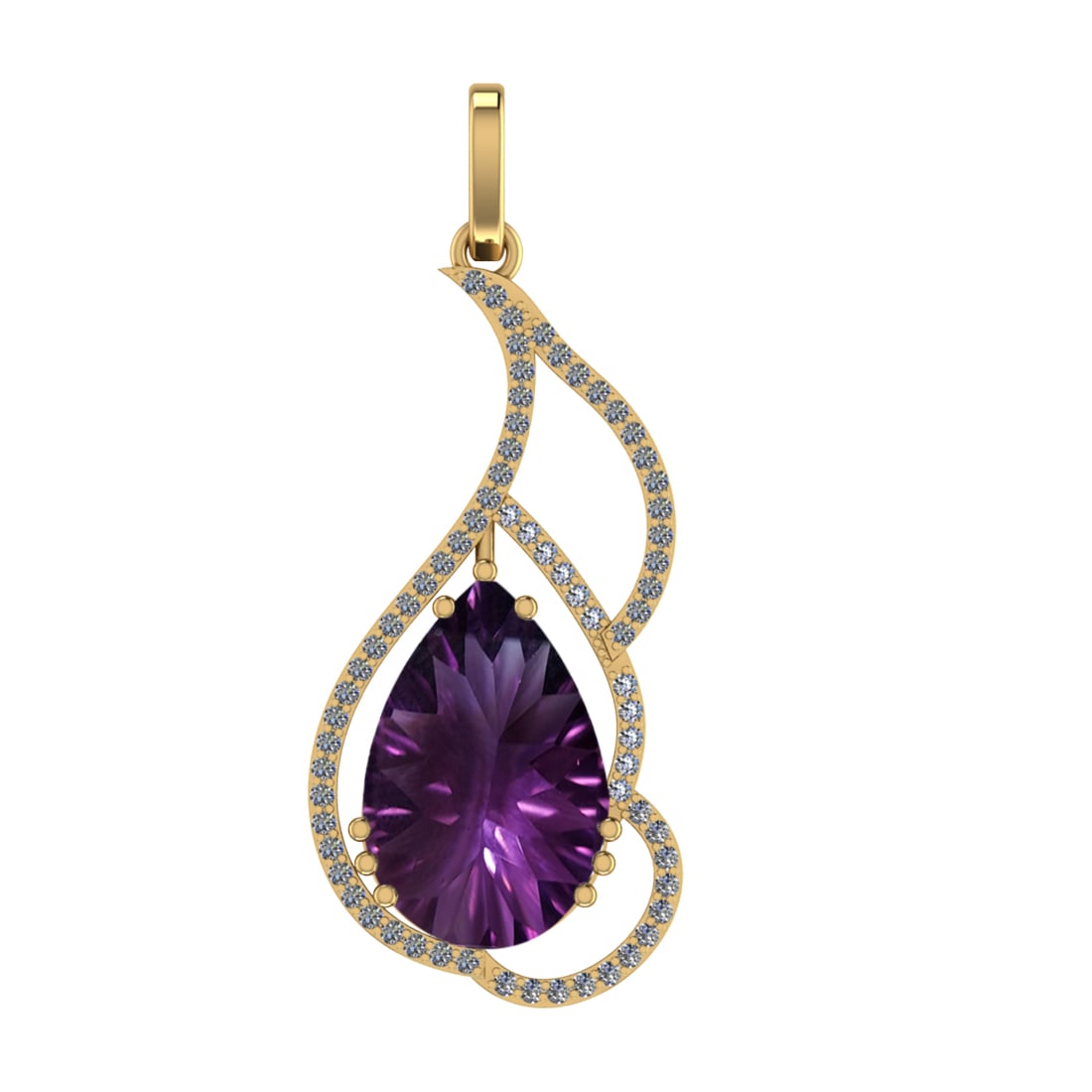 68.07 Ctw SI2/SI1 Amethyst and Diamond Prong Set 14k Yellow Gold Pendant (A: Center Stone Weight :-65.66 Ctw ( Pear Cut) Center Stone Color :-Amethyst Center Stone Setting : Prong Side Diamond Weight Of Ctw 2.41 Ctw Color : F-G Clarity : SI2/SI1 Stone Setting : Prong Metal Wei