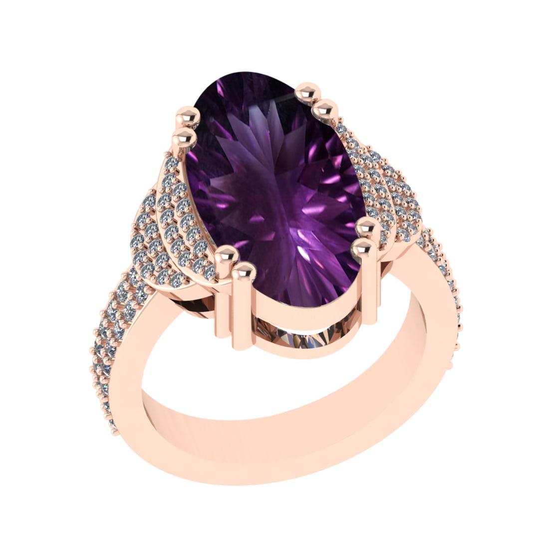 14.46 Ctw VS/SI1 Amethyst and Diamond Prong Set 14k Rose Gold Engagement Ri: Center Stone Weight : 13.90 Ctw ( Oval Cut) Center Stone Color :-Amethyst Setting : Prong Side Weight Of Ctw 0.56 Ctw Color : J-K Clarity : VS/SI1 Stone Setting : Prong Metal Weight : Approx 9.90 gram