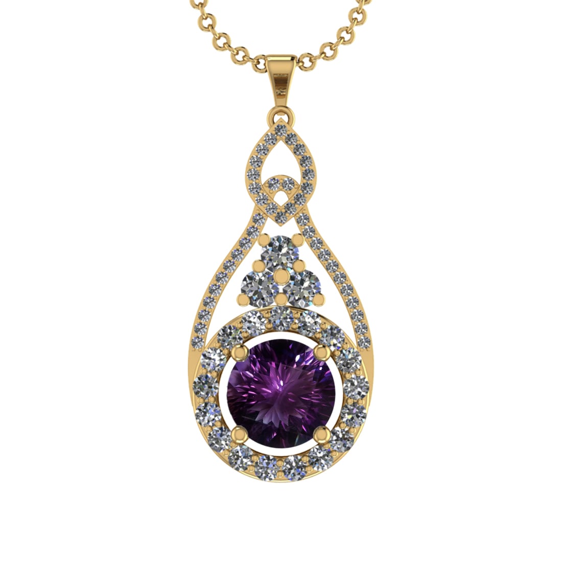 27.11 Ctw VS/SI1 Amethyst and Diamond 14K Yellow Gold Pendant (ALL DIAMOND: Color Stone Weight : 24.29 Ctw ( Round Cut) Stone Color :- Amethyst Center Stone Setting : Prong Side Weight Of Ctw 2.82 Ctw Color : J-K Clarity : VS/SI1 Stone Setting : Prong Metal Weight : Approx