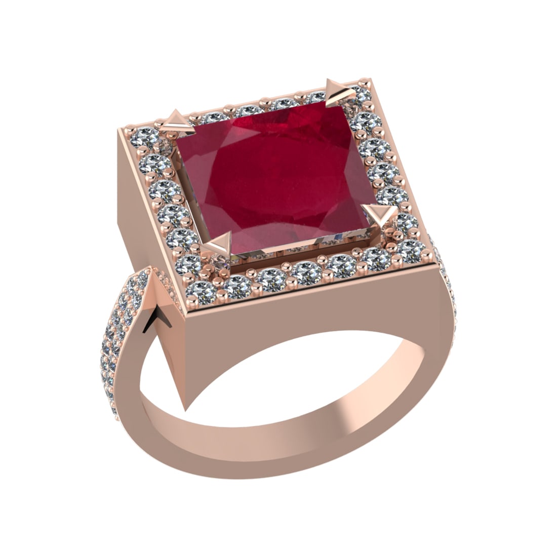 3.35 Ctw VS/SI1 Ruby and Diamond 14k Rose Gold Engagement Ring (ALL DIAMOND: Center Stone Weight :-2.50 Ctw ( Princess Cut) Center Stone Color :-Ruby Center Stone Setting : Prong Side Diamond Weight Of Ctw :- 0.85 Ctw Color : G-H Clarity : VS/SI1 Daimond Setting : Prong Metal 