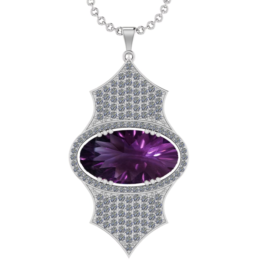 36.27 Ctw VS/SI1 Amethyst and Diamond Prong Set 14k White Gold Pendant (ALL: Center Stone Weight : 33.86 Ctw ( Oval Cut) Center Stone Color :-Amethyst Setting : Prong Side Weight Of Ctw 2.41 Ctw Color : J-K Clarity : VS/SI1 Stone Setting : Prong Metal Weight : Approx 16.80 gra