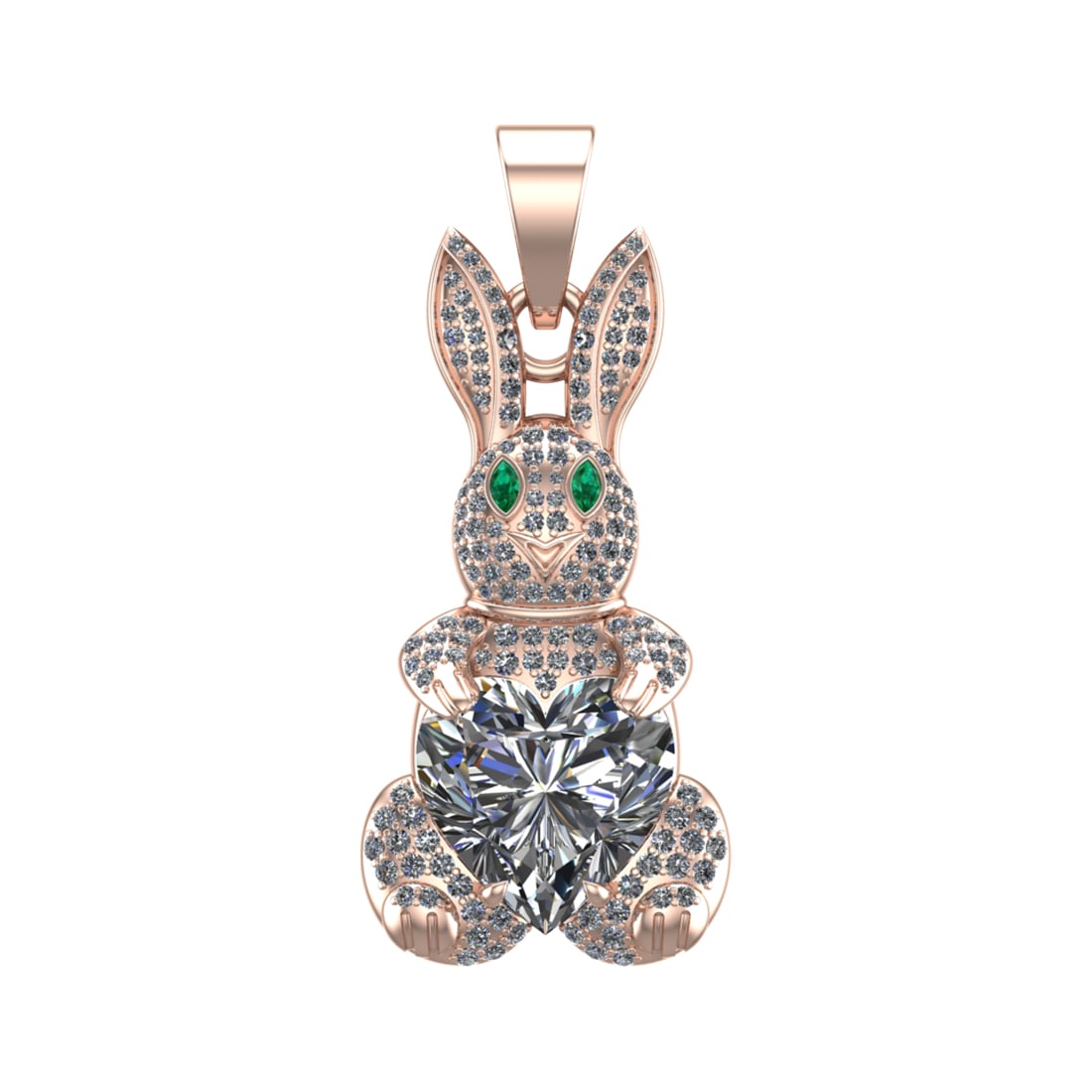 6.75 Ctw SI2/SI1 Diamond Prong Set 14k Rose Gold Rabbit Theme Pendant (ALL: Eye Stone Weight :- 0.05 ctw ( Marquise Cut) stone color :-Emerald setting :- Prong Center Daimond Weight :-5.50 Ctw ( Heart Cut) Color : G-H Clarity : SI2/SI1 Side Diamond Weight Of Ctw 1.20 Ctw Colo