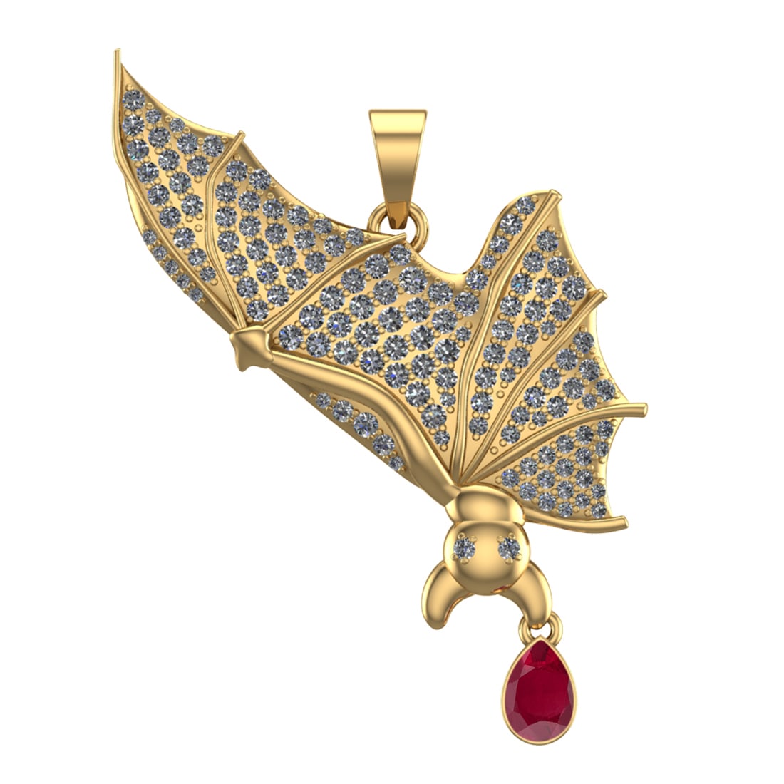 2.05 Ctw VS/SI1 Rubyand Diamond Prong Set 14k Yellow Gold Bat Theme Pendant: Center Stone Weight :-0.50 Ctw ( Pear Cut ) Center Stone Color :-Ruby Center Stone Setting : Prong Side Diamond Weight Of Ctw :- 1.55 Ctw Color : J-K Clarity : VS/SI1 Daimond Setting : Prong Metal Wei