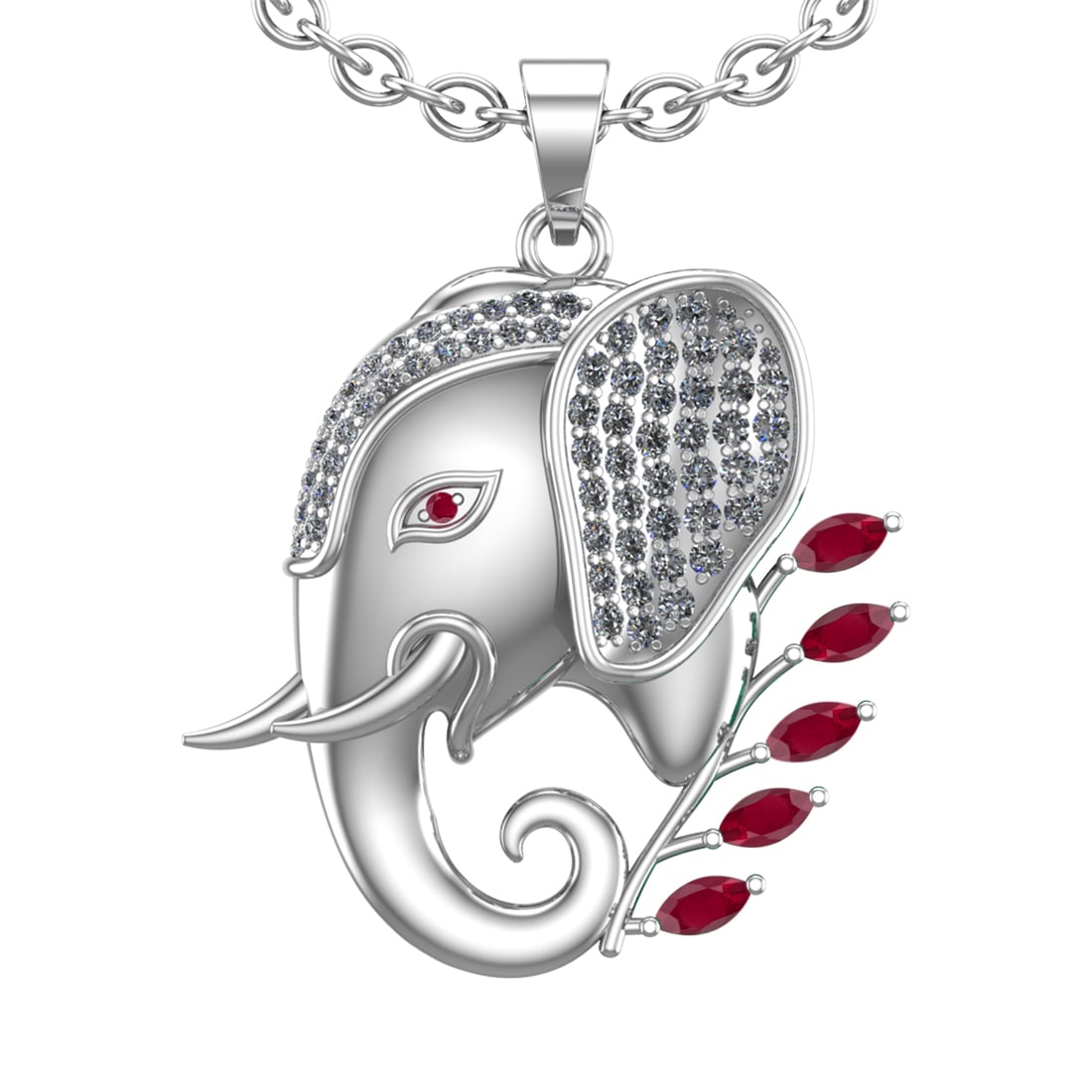 1.99 Ctw VS/SI1 Ruby and Diamond 14k white Gold Animal theme Elephant Penda: Center Stone Weight :-0.75 Ctw ( Marquise & Round Cut) Center Stone Color :-Ruby Center Stone Setting : Prong Side Diamond Weight Of Ctw :- 1.24 Ctw Color : J-K Clarity : VS/SI1 Daimond Setting : Pron
