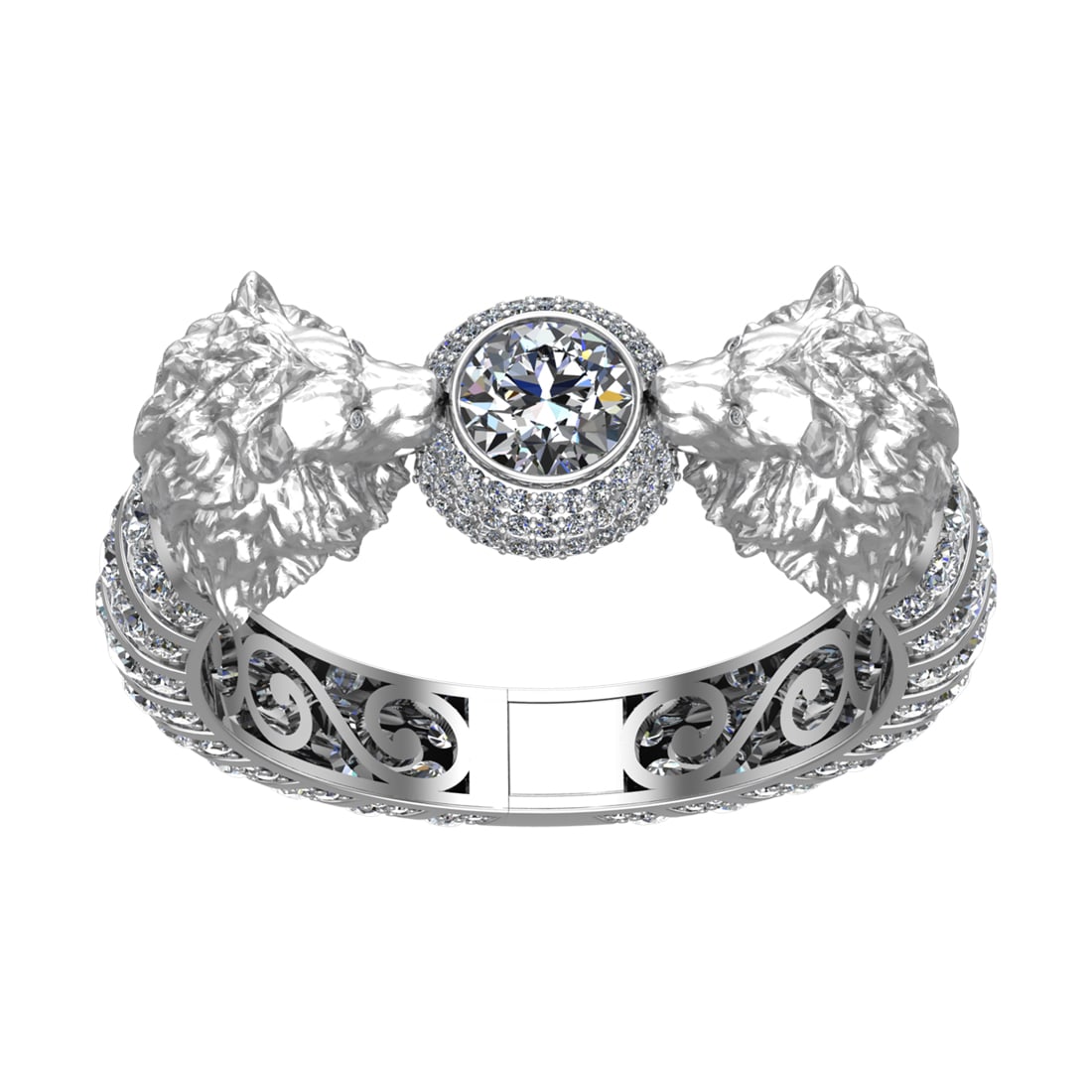 41.73 Ctw VS/SI1 Diamond 14k white Gold Creature Theme lion Bracelet Bangle: Center Daimond Weight :-3.20 Ctw ( Round Cut) Color : G-H Clarity : VS/SI1 Side Diamond Weight Of Ctw 38.53 Ctw Color : G-H Clarity : VS/SI1 Daimond Setting : Prong Metal Weight : Approx 12.97 gram 14