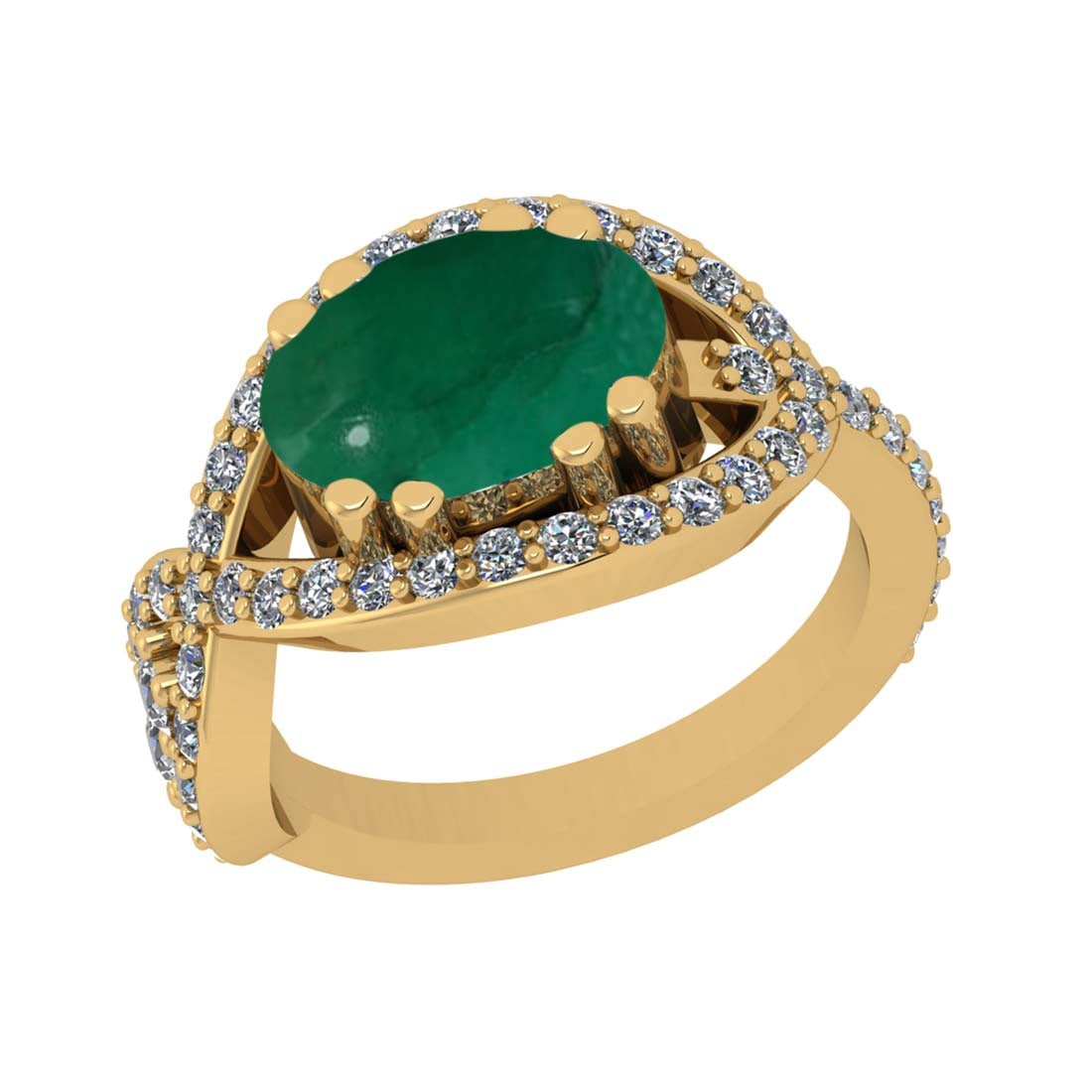 4.18 Ctw VS/SI1 Emerald and Diamond Prong Set 14k Yellow Gold Engagement Ri: Center Stone Weight :-3.07 Ctw ( Oval Cab ) Center Stone Color :-Emerald Center Stone Setting : Prong Side Diamond Weight Of Ctw :- 1.11 Ctw Color : J-K Clarity : VS/SI1 Daimond Setting : Prong Metal 