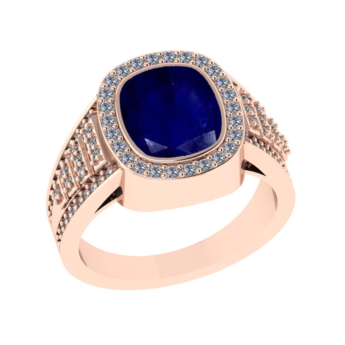 3.28 Ctw VS/SI1 Blue Sapphire and Diamond 14k Rose Gold Engagement Ring (AL: Center Stone Weight :-2.70 Ctw ( Cushion Cut) Center Stone Color :-Blue Sapphire Center Stone Setting : Prong Side Diamond Weight Of Ctw 0.58 Ctw Color : G-H Clarity : VS/SI1 Daimond Setting : Prong M