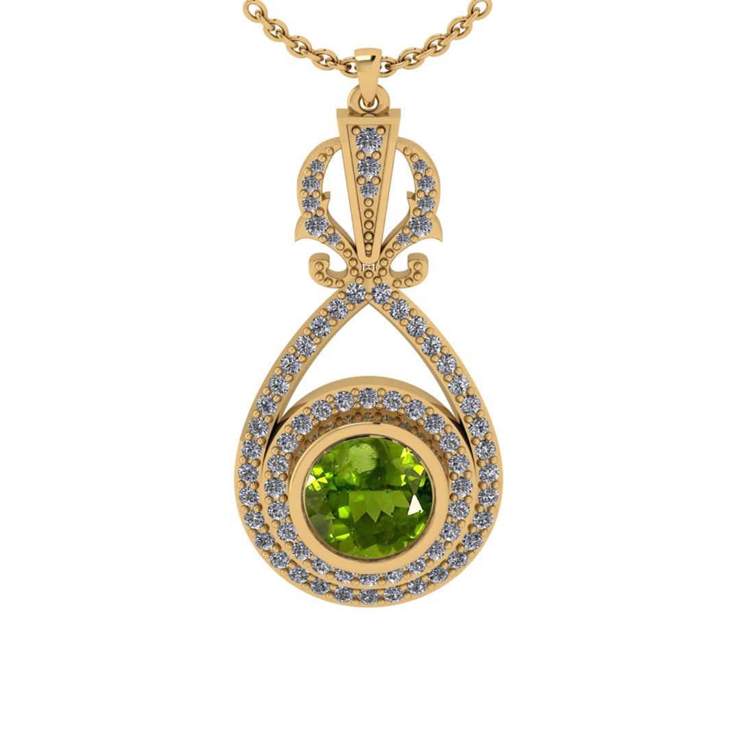 1.85 Ctw VS/SI1 Peridot and Diamond 10K Yellow Gold Pendant (ALL DIAMOND AR: Center Stone Weight :-1.30 Ctw ( Round Cut) Center Stone Color :-Peridot Center Stone Setting : Prong Side Diamond Weight Of Ctw 0.55 Ctw Color : J-K Clarity : VS/SI1 Stone Setting : Prong Metal Weigh