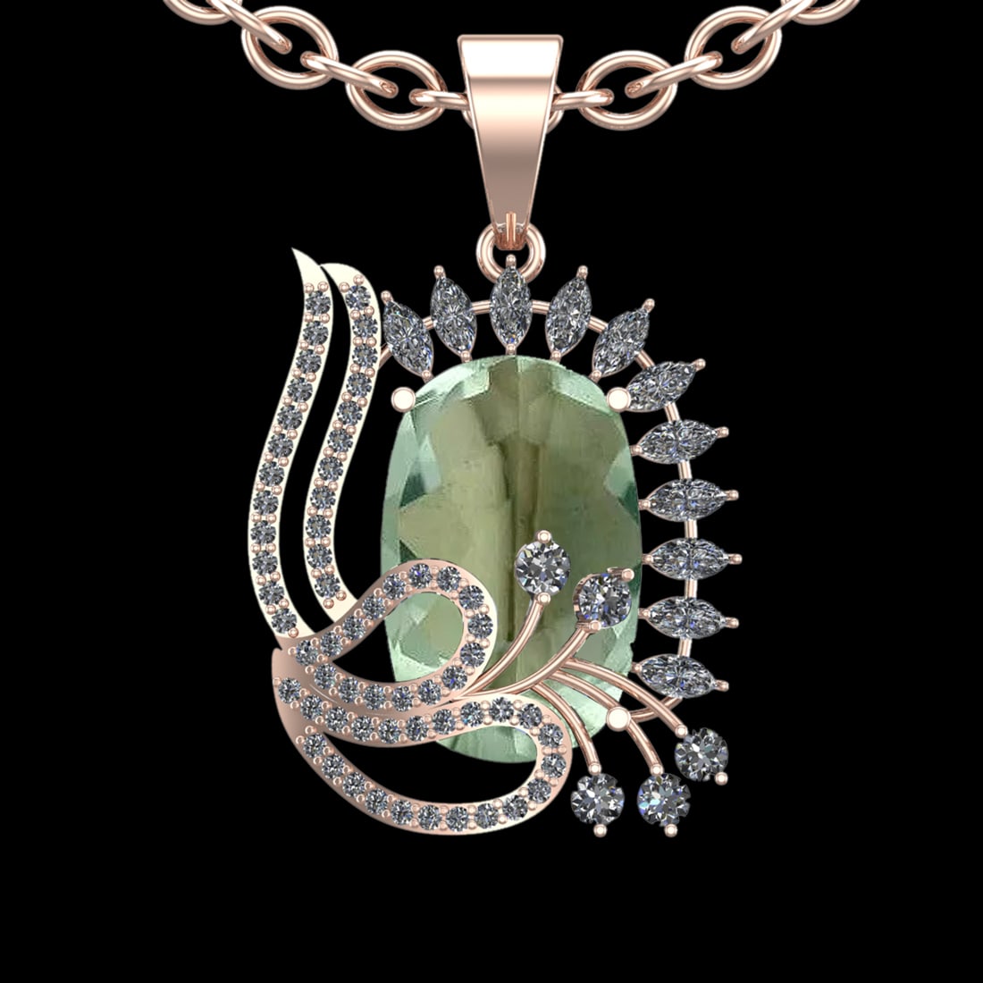 20.43 Ctw VS/SI1 Green Amethyst And Diamond 14K Rose Gold Necklace( ALL DIA: Center Stone Weight : 18.52 Ctw ( Cushion Cut ) Center Stone Color : Green Amethyst Stone Setting : Prong Side Diamond Weight Of Ctw 1.91 Ctw Side Stone Color : J-K Stone Clarity : VS/SI1 Stone Settin