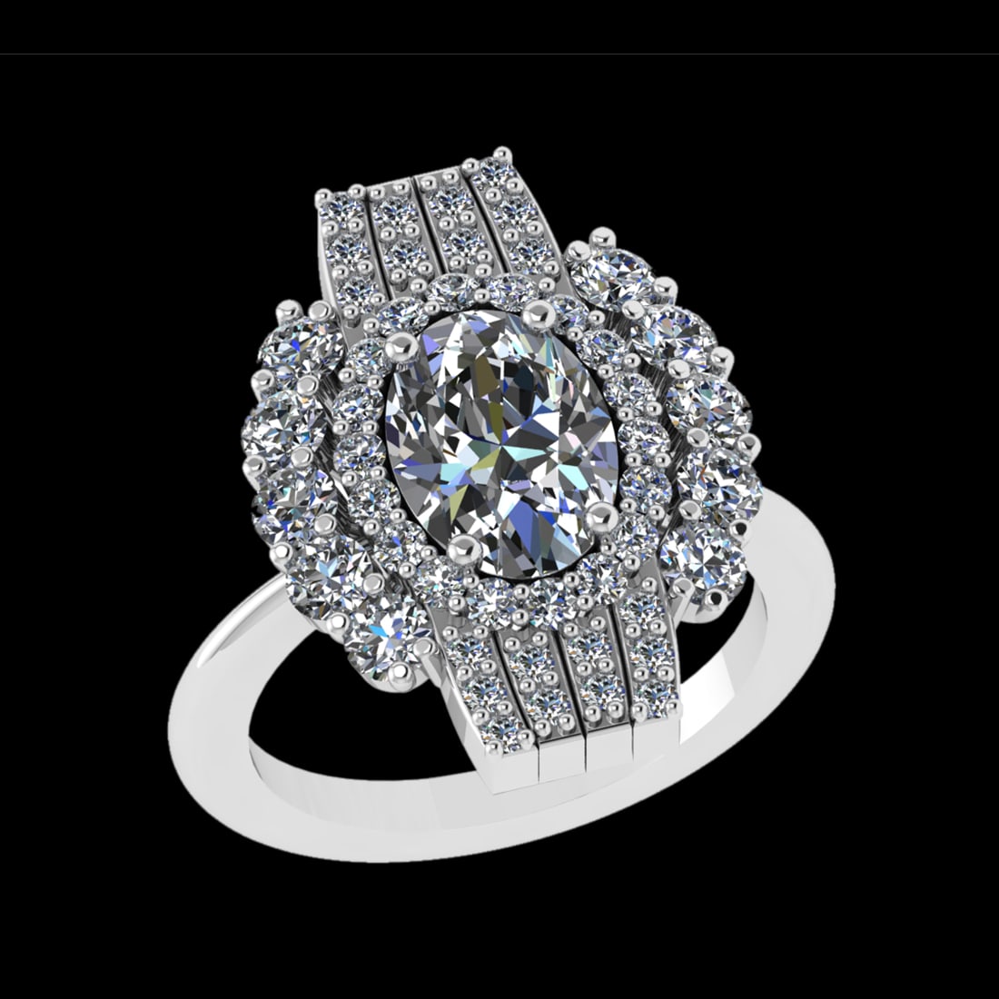 3.83 Ctw VS/SI1 Diamond Prong Set 18k white Gold Engagement Ring (ALL DIAMO: Center Daimond Weight :-2.50 Ctw ( Oval Cut ) Color : G-H Clarity : VS/SI1 Side Diamond Weight Of Ctw 1.33 Ctw Color : G-H Clarity : VS/SI1 Daimond Setting : Prong Metal Weight : Approx 8.21 gram 18k 