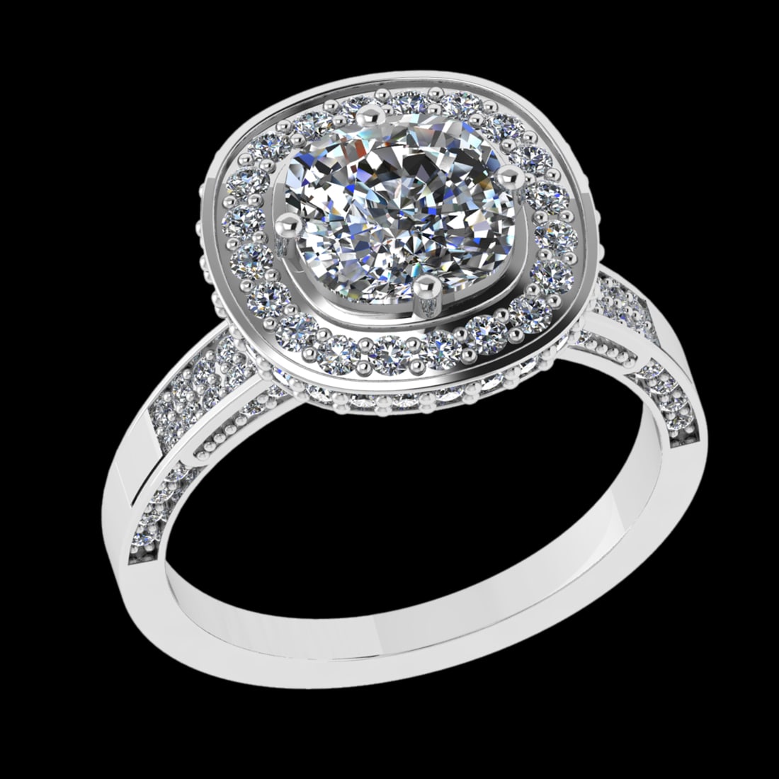 2.59 Ctw VS/SI1 Diamond 14 K White Gold Engagement Ring (ALL DIAMOND ARE LA: Center Diamond Weight : 1.50 Ctw (Cushion Cut) Center Color :-G-H Center Stone Clarity :- VS/SI1 Center Stone Setting : Prong Side Stone Weight Of Ctw 1.09 Ctw Side Stone Color : G-H Stone Clarity : V