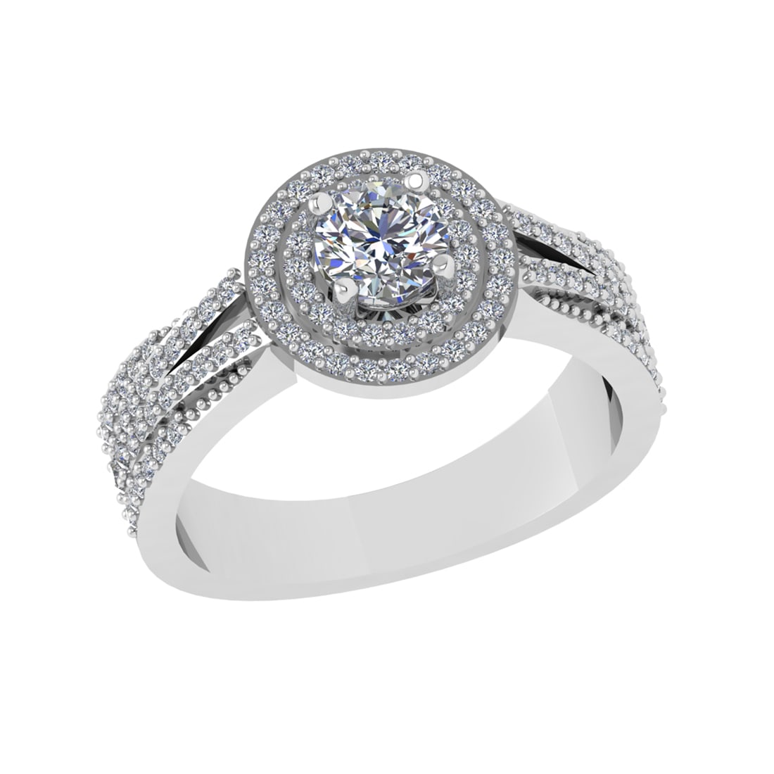 1.05 Ctw SI2/SI1 Diamond Prong Set 14k white Gold Engagement Halo Ring: Center Daimond Weight :-0.50 Ctw ( Round Cut) Color : G-H Clarity : SI2/SI1 Side Diamond Weight Of Ctw 0.55 Ctw Color : G-H Clarity : SI2/SI1 Daimond Setting : Prong Metal Weight : Approx 5.81 gram 14