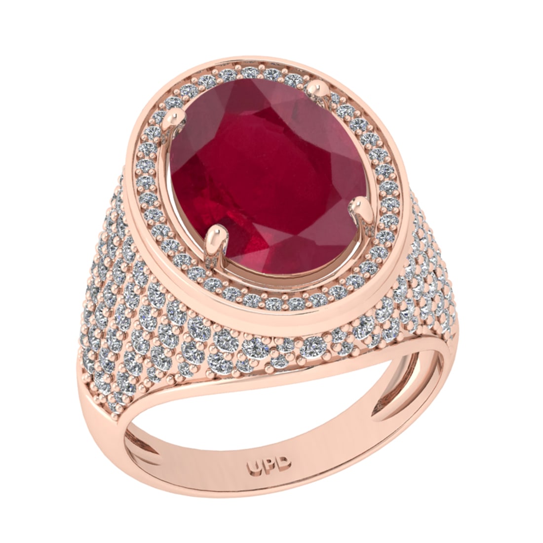 7.50 Ctw VS/SI1 Ruby And Diamond 14K Rose Gold Engagement Ring: Center Stone Weight : 5.90 Ctw ( Oval Cut ) Center Stone Color : Ruby Stone Setting : Prong Side Diamond Weight Of Ctw1.60 Ctw Side Stone Color : G-H Stone Clarity : VS/SI1 Stone Setting : Prong Metal