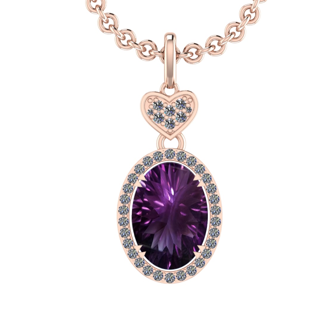12.57 Ctw VS/SI1 Amethyst and Diamond 14K Rose Gold Pendant: Center Stone Weight : 12.20 Ctw ( Oval Cut) Center Stone Color :-Amethyst Setting : Prong Side Weight Of Ctw 0.37 Ctw Color : J-K Clarity : VS/SI1 Stone Setting : Prong Metal Weight : Approx 6.80 gram