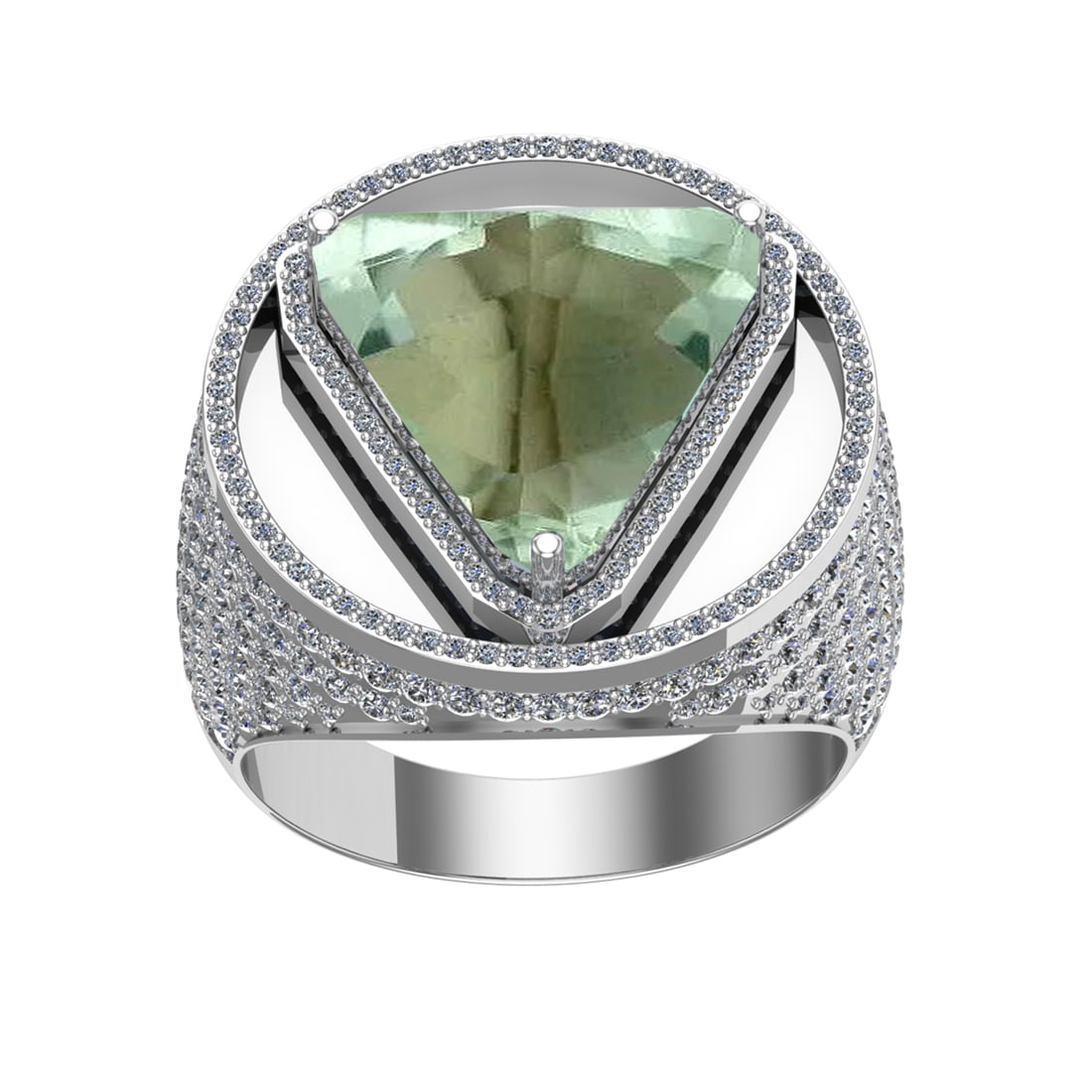16.55 Ctw VS/SI1 Green Amethyst and Diamond 14K White Gold Engagement Ring: Color Stone Weight : 13.15 Ctw ( Trillion Cut) Stone Color :- Green Amethyst Center Stone Setting : Prong Side Weight Of Ctw 3.40 Ctw Color : J-K Clarity : VS/SI1 Stone Setting : Prong Metal Weight : 