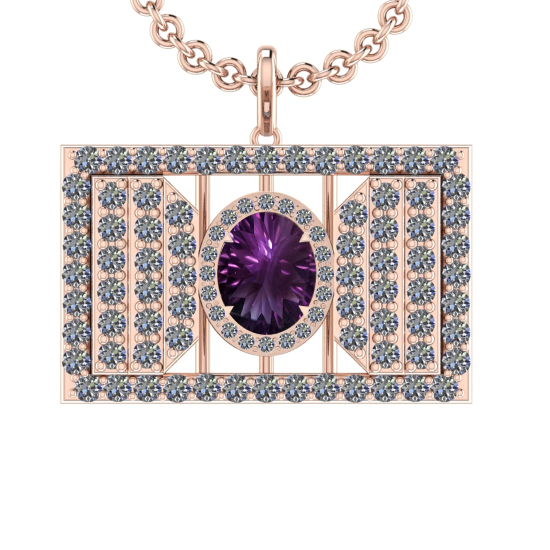 42.90 Ctw VS/SI1 Amethyst and Diamond 14K Rose Gold Pendant: Center Stone Weight : 21.95 Ctw ( Oval Cut) Center Stone Color :-Amethyst Setting : Prong Side Weight Of Ctw 20.50 Ctw Color : J-K Clarity : VS/SI1 Stone Setting : Prong Metal Weight : Approx 15.80 gr
