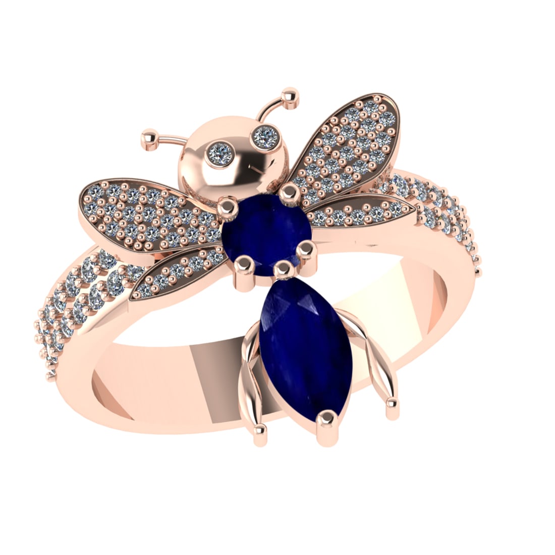 1.31 Ctw VS/SI1 Blue Sapphire and Diamond 14k Rose Gold Bees theme Ring (AL: Center Stone Weight :-0.75 Ctw ( Marquise & Round Cut) Center Stone Color :-Blue Sapphire Center Stone Setting : Prong Side Diamond Weight Of Ctw :- 0.38 Ctw Color : J-K Clarity : VS/SI1 Daimond Setti