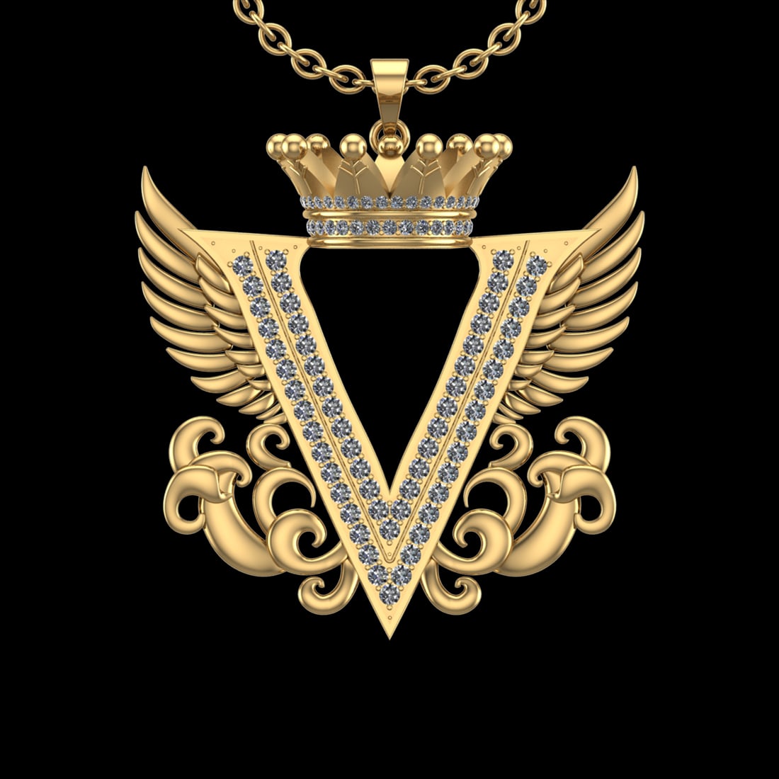 4.25 Ctw VS/SI1 Diamond Prong Set 18K Yellow Gold Letter theme ( V) Necklac: Total Diamond Weight : 4.25 Ctw (Round cut) Center Diamond Color :- G-H Center Clarity : VS/SI1 Stone Setting : Prong Metal Weight : Approx 29.80 Gram 18K Yellow Gold Letter theme ( V) Necklace (ALL D