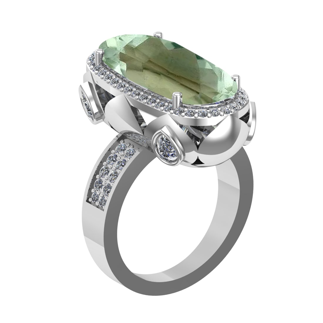 16.68 Ctw VS/SI1 Green Amethyst and Diamond 14K White Gold Engagement Ring: Color Stone Weight : 15.12 Ctw ( Oval Cut) Stone Color :- Green Amethyst Center Stone Setting : Prong Side Weight Of Ctw 1.54 Ctw Color : J-K Clarity : VS/SI1 Stone Setting : Prong Metal Weight : Appr