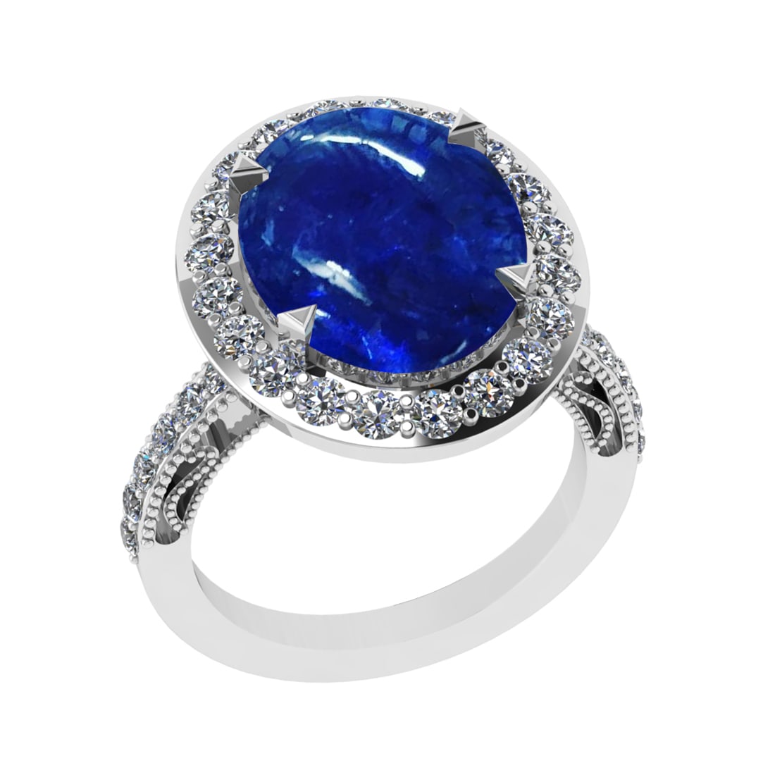 8.53 Ctw VS/SI1 Tanzanite and Diamond Prong Set 14K White Gold Engagement R: Color Stone Weight : 7.30 Ctw (Oval Cab) Stone Color :- Tanzanite Center Stone Setting : Prong Side Weight Of Ctw 1.23 Ctw Color : J-K Clarity : VS/SI1 Stone Setting : Prong Metal Weight : Approx 9.90